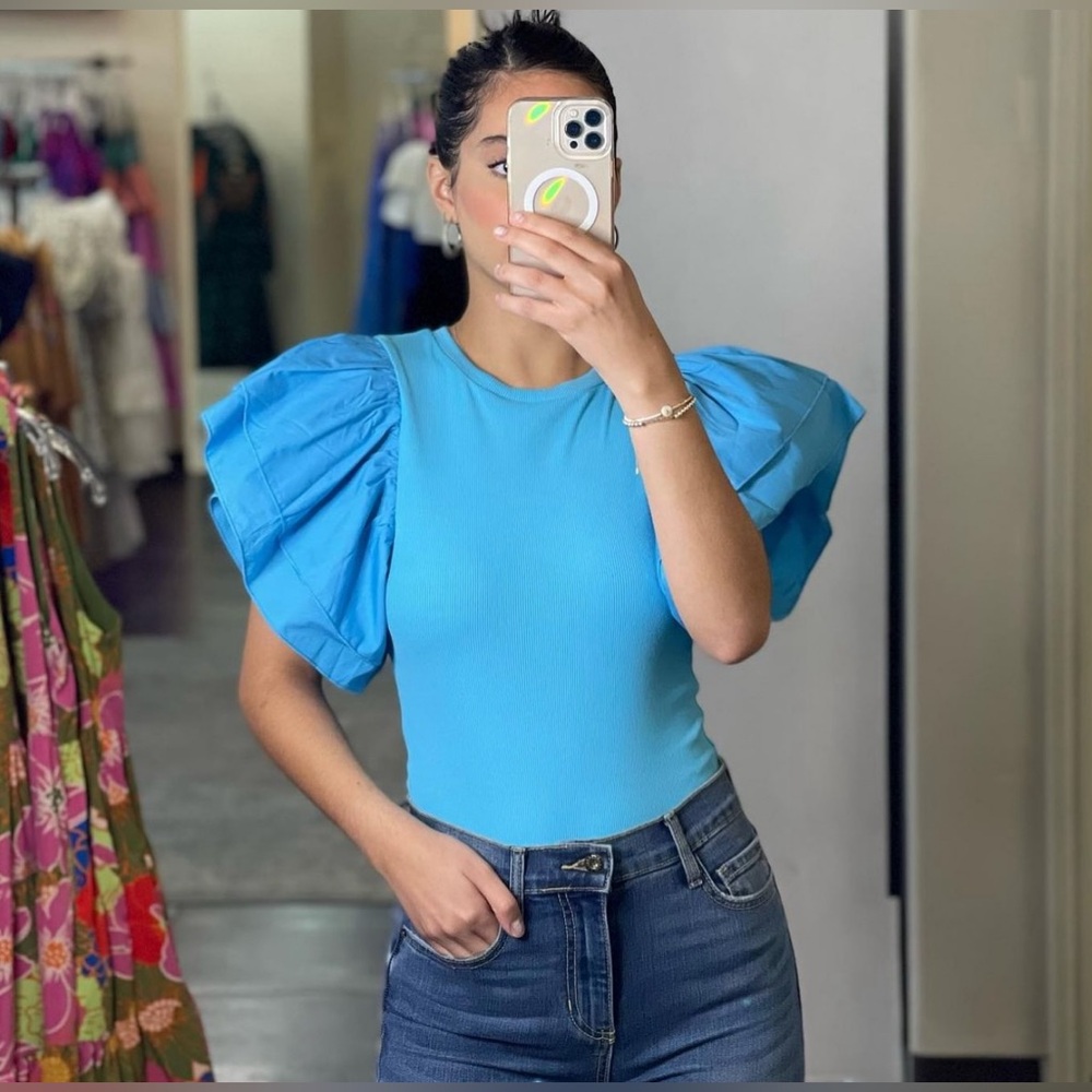 Blue Puff Sleeve Fitted Bodysuit